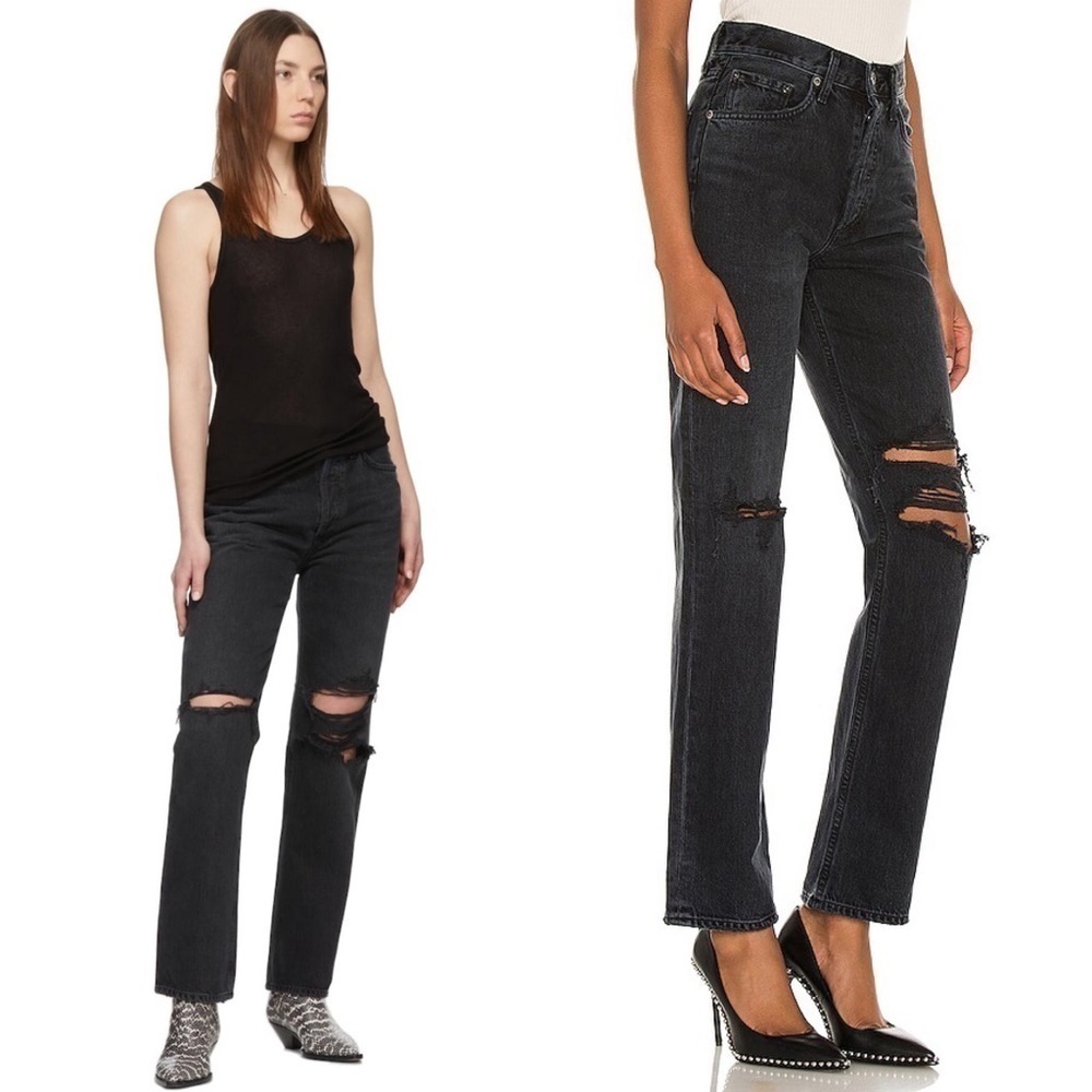 AGOLDE 90s Washed Black Distressed Denim Rip Knee Straight Leg Relaxed Jeans 23 - Picture 8 of 15
